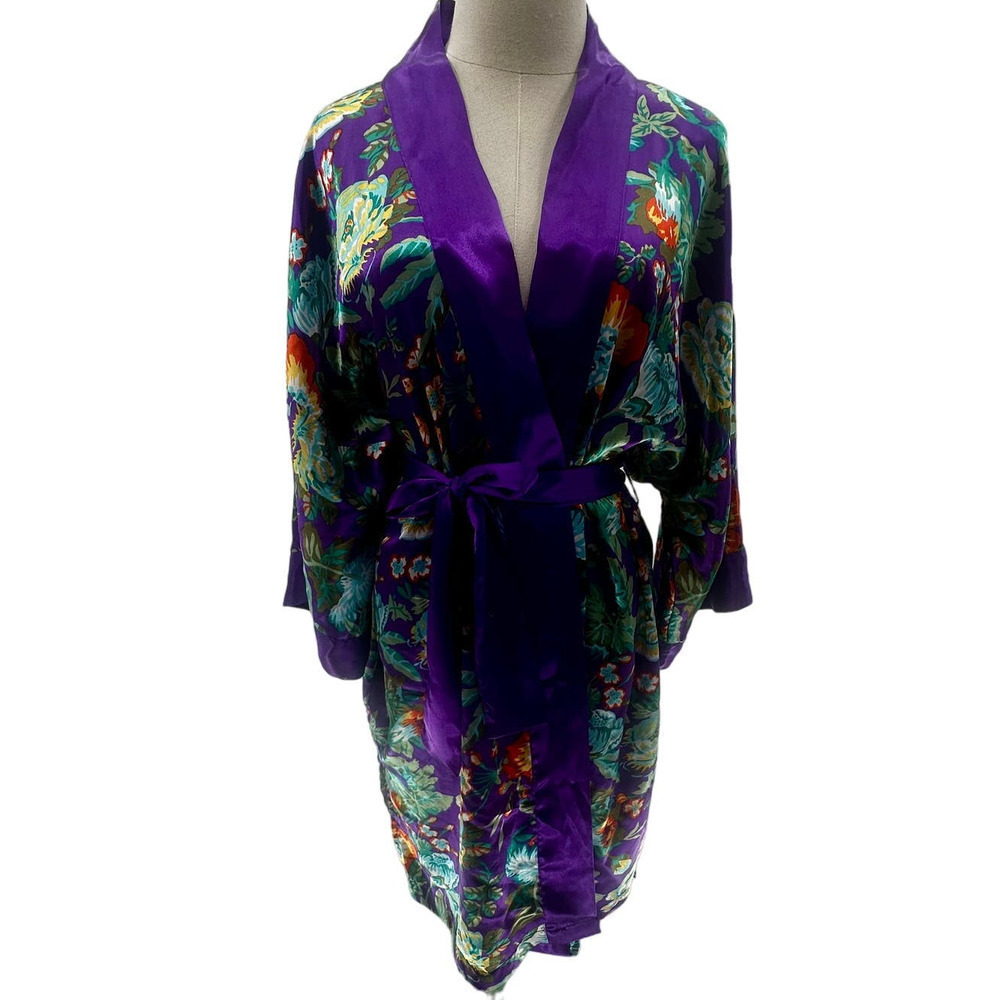 VNTG Victoria's Secret Gold Label Purple/Floral Long Sleeve Knee Length Robe- OS - Picture 1 of 8